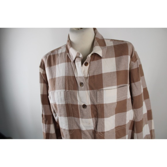 Everlane M Brown White Buffalo Check Organic Cotton Flannel Button Popover Shirt - Picture 2 of 10
